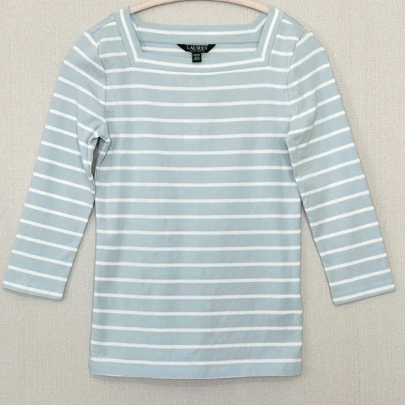 Lauren Ralph Lauren Striped Top Blue White 3/4 Sleeve Size PM Preppy New - Picture 2 of 9
